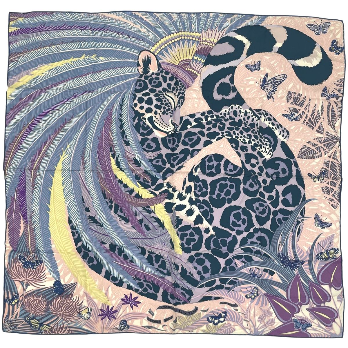 Hermes Carre 90 Jaguar Quetzal Scarf Silk Purple Multicolor