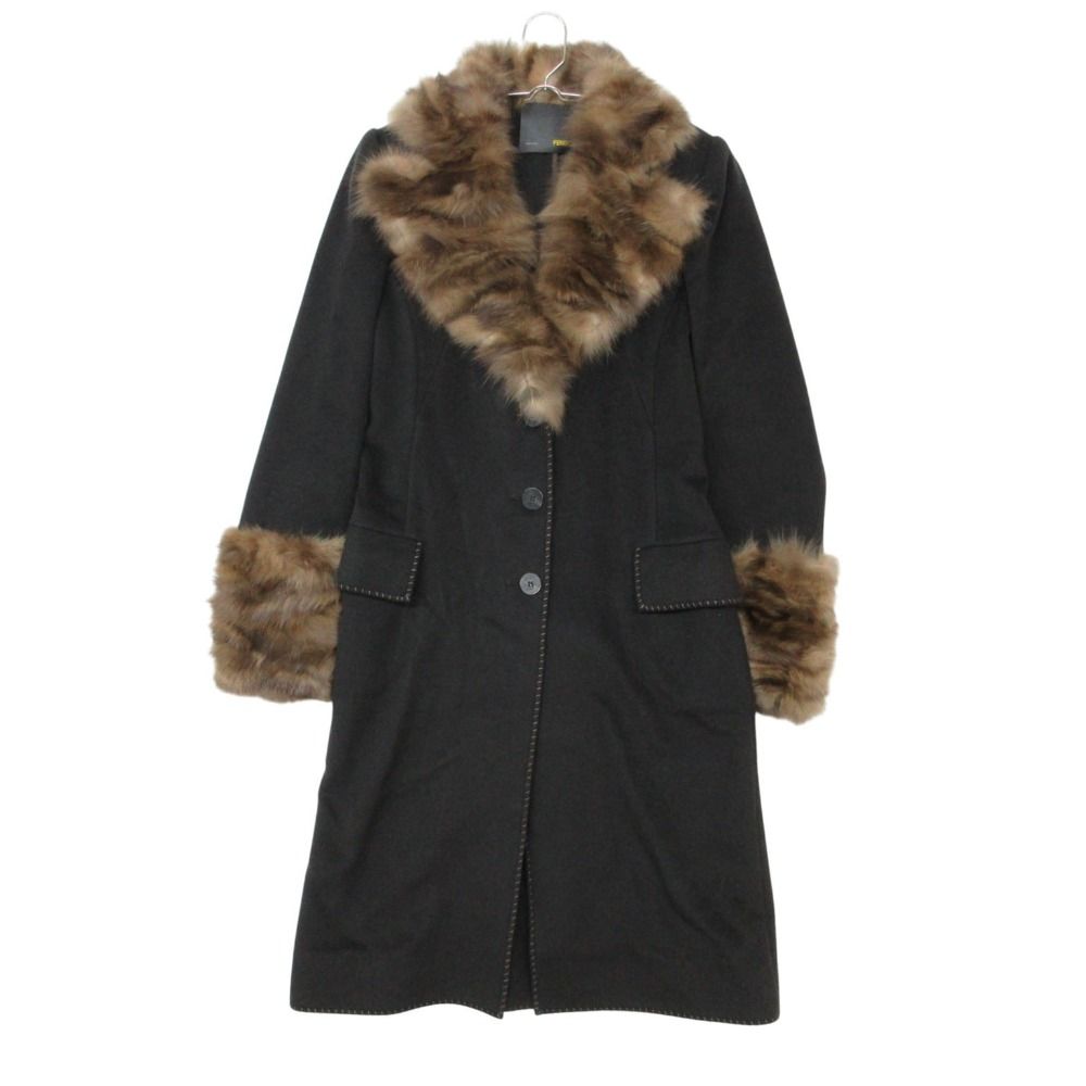 Fendi Coat Seable Fur Cashmere Blend Long Dark Gray 40