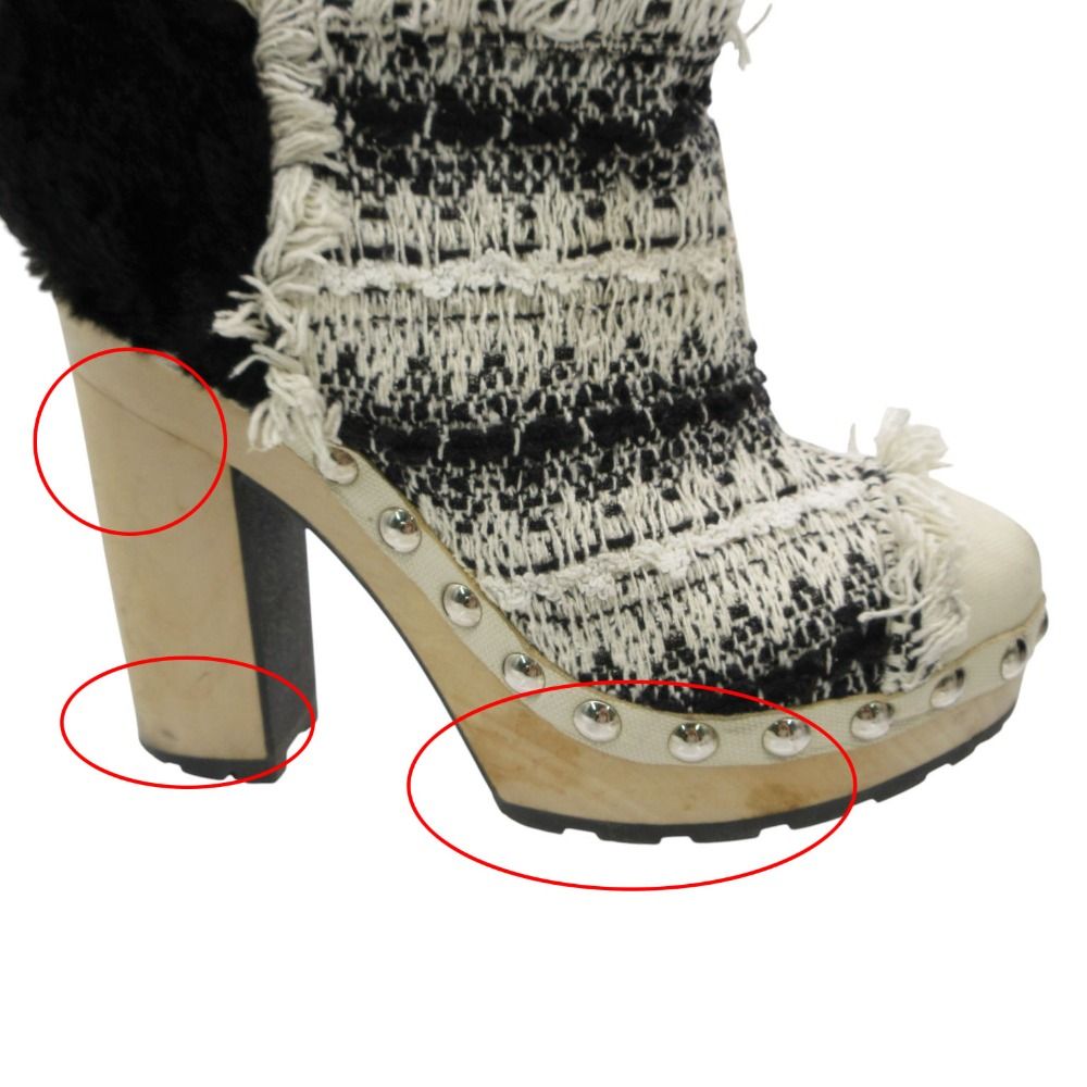 Chanel Boots Long Tweed Rabbit Fur CC Logo Wood Heels White — view 8