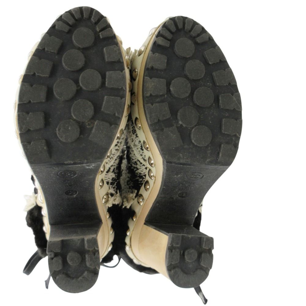 Chanel Boots Long Tweed Rabbit Fur CC Logo Wood Heels White — view 6