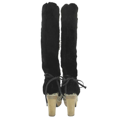 Chanel Boots Long Tweed Rabbit Fur CC Logo Wood Heels White — view 3