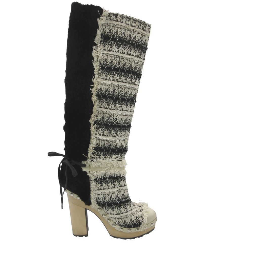 Chanel Boots Long Tweed Rabbit Fur CC Logo Wood Heels White — view 4