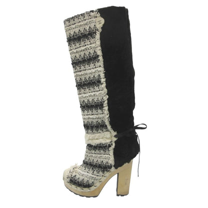 Chanel Boots Long Tweed Rabbit Fur CC Logo Wood Heels White