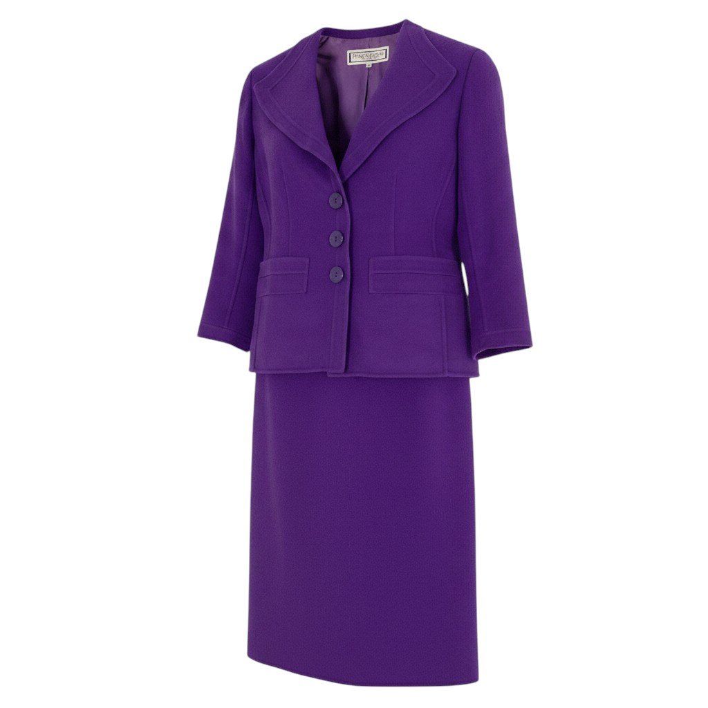 Saint Laurent Set Skirt Suit Tailored Jacket Knee Length Wool Blend M Purple