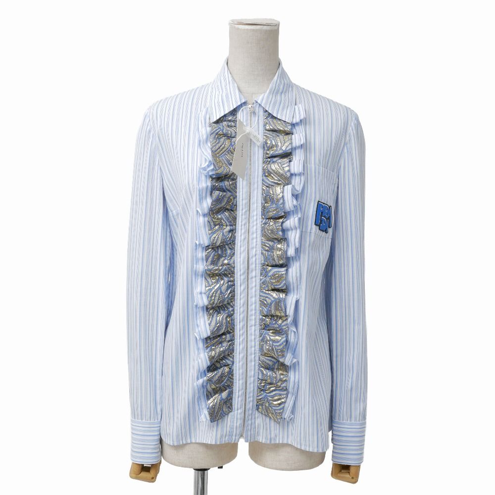 Prada Long Sleeve Shirt 38 Striped Zip Up Ruffles Rubber Logo