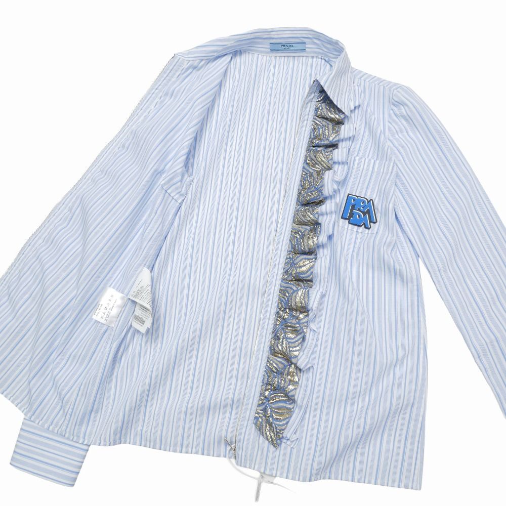 Prada Long Sleeve Shirt 38 Striped Zip Up Ruffles Rubber Logo — view 5