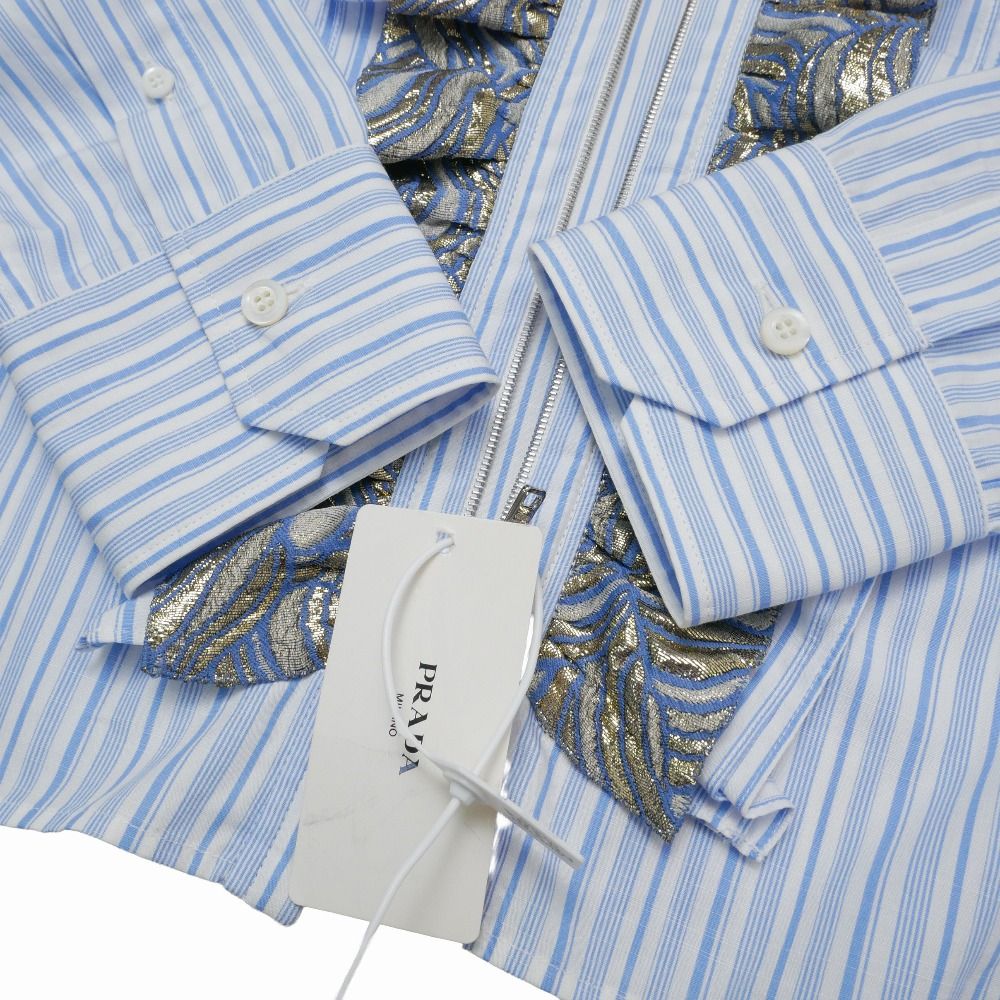 Prada Long Sleeve Shirt 38 Striped Zip Up Ruffles Rubber Logo — view 4