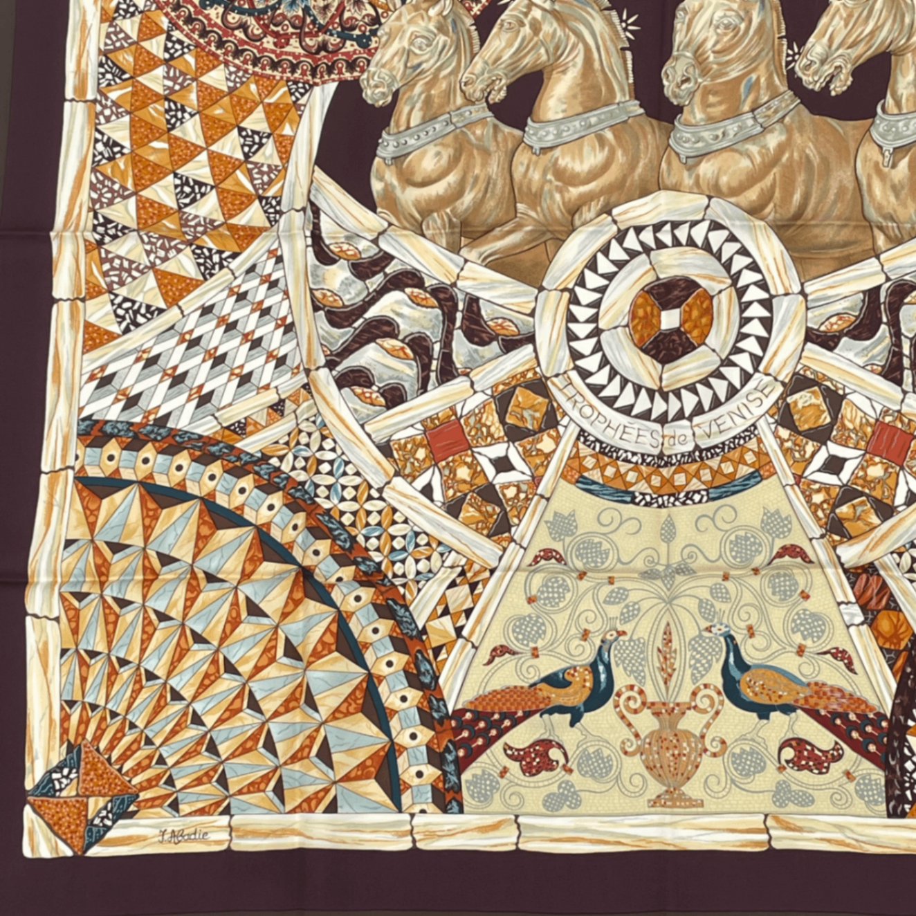 Hermes Carre 90 Triumph Of Venice Trophees de Venise Scarf Silk Brown Horse — view 4