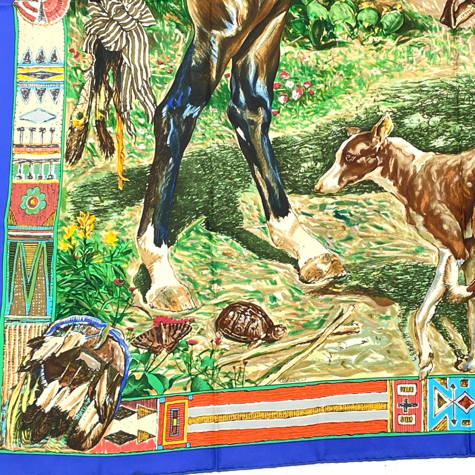 Hermes Les Cheyenne Carre 90 Silk Navy Multicolor Scarf — view 4