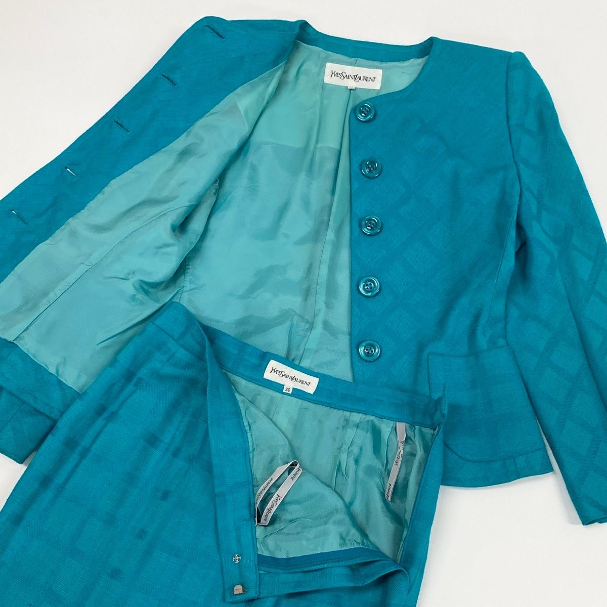 Saint Laurent Set Skirt Suit Collarless Jacket Knee Length All Over Pattern 36 — view 5
