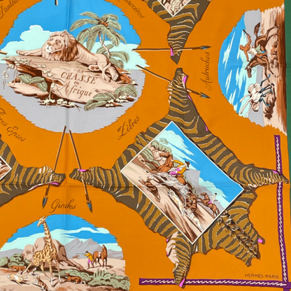 Hermes Carre 90 Scarf Silk la Chasse En Afrique African Hunt Green — view 5