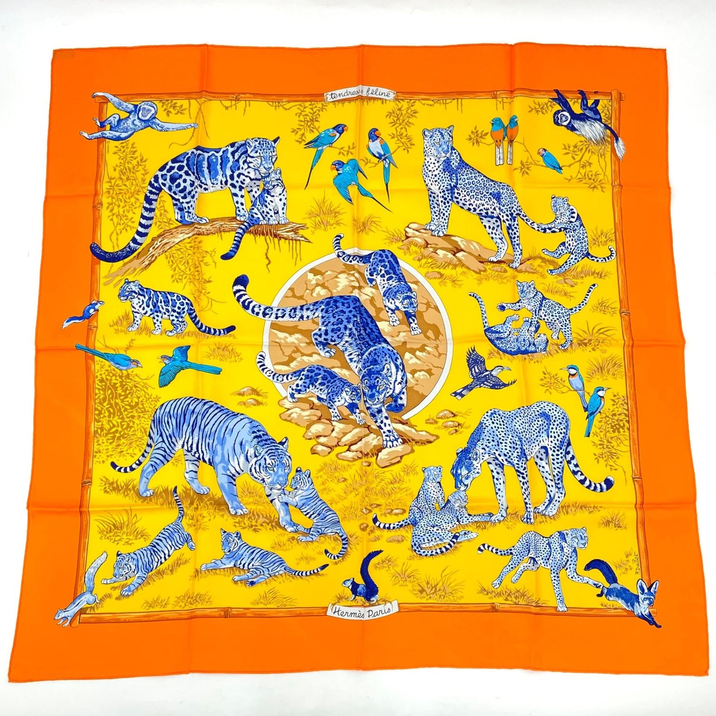 Hermes Carre 90 Tendresse Feline Wild Kindness Scarf Silk Orange