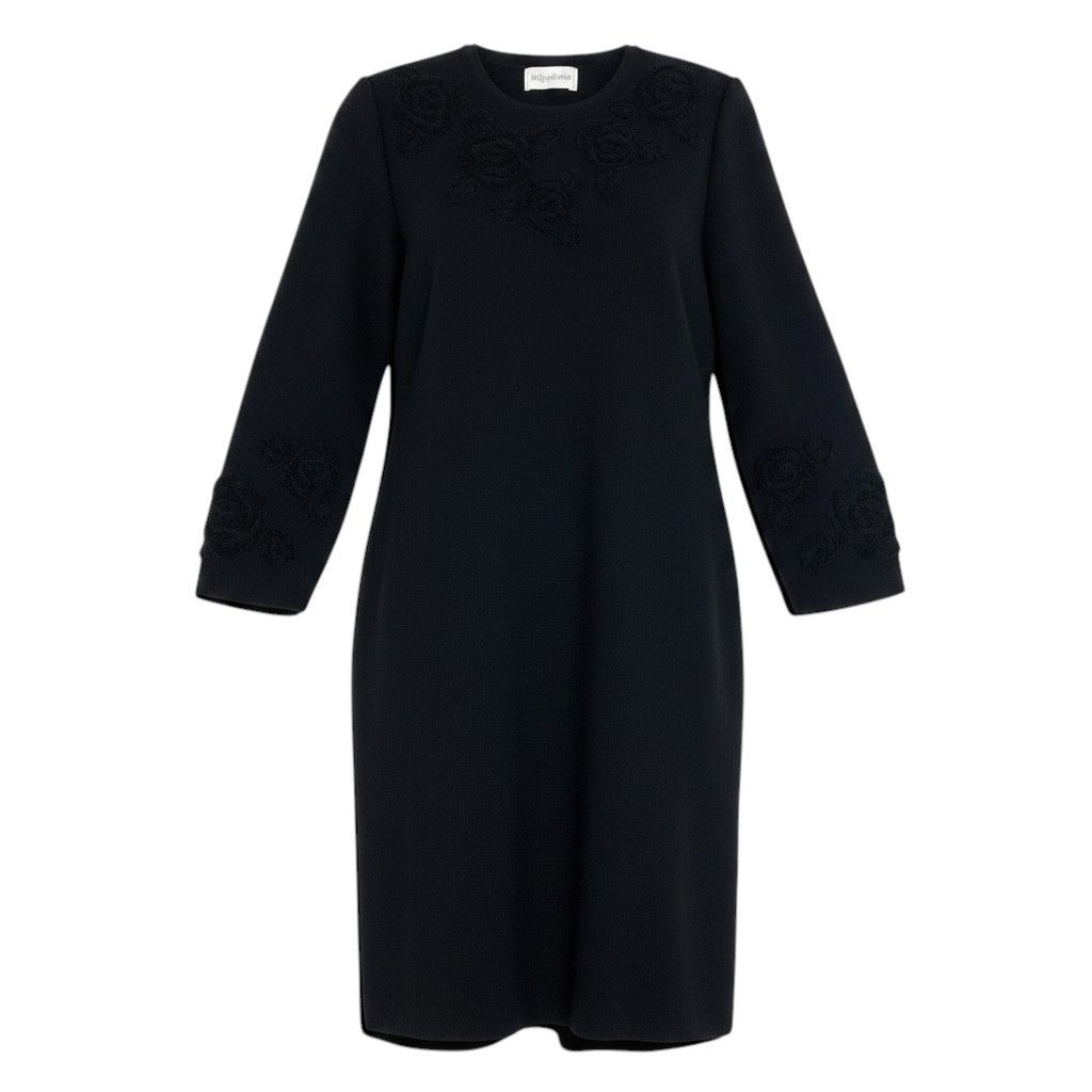 Saint Laurent Long Knit Dress Embroidery Rose Pattern Long Sleeve M Black Wool