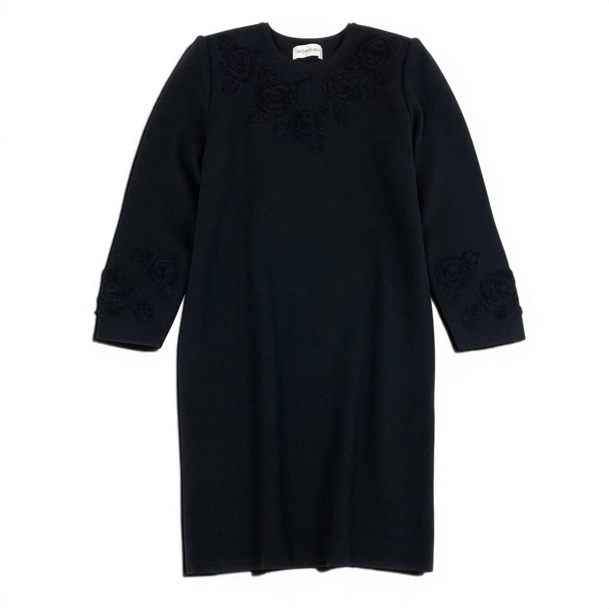 Saint Laurent Long Knit Dress Embroidery Rose Pattern Long Sleeve M Black Wool — view 2