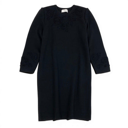 Saint Laurent Long Knit Dress Embroidery Rose Pattern Long Sleeve M Black Wool — view 2