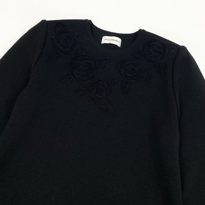 Saint Laurent Long Knit Dress Embroidery Rose Pattern Long Sleeve M Black Wool — view 6
