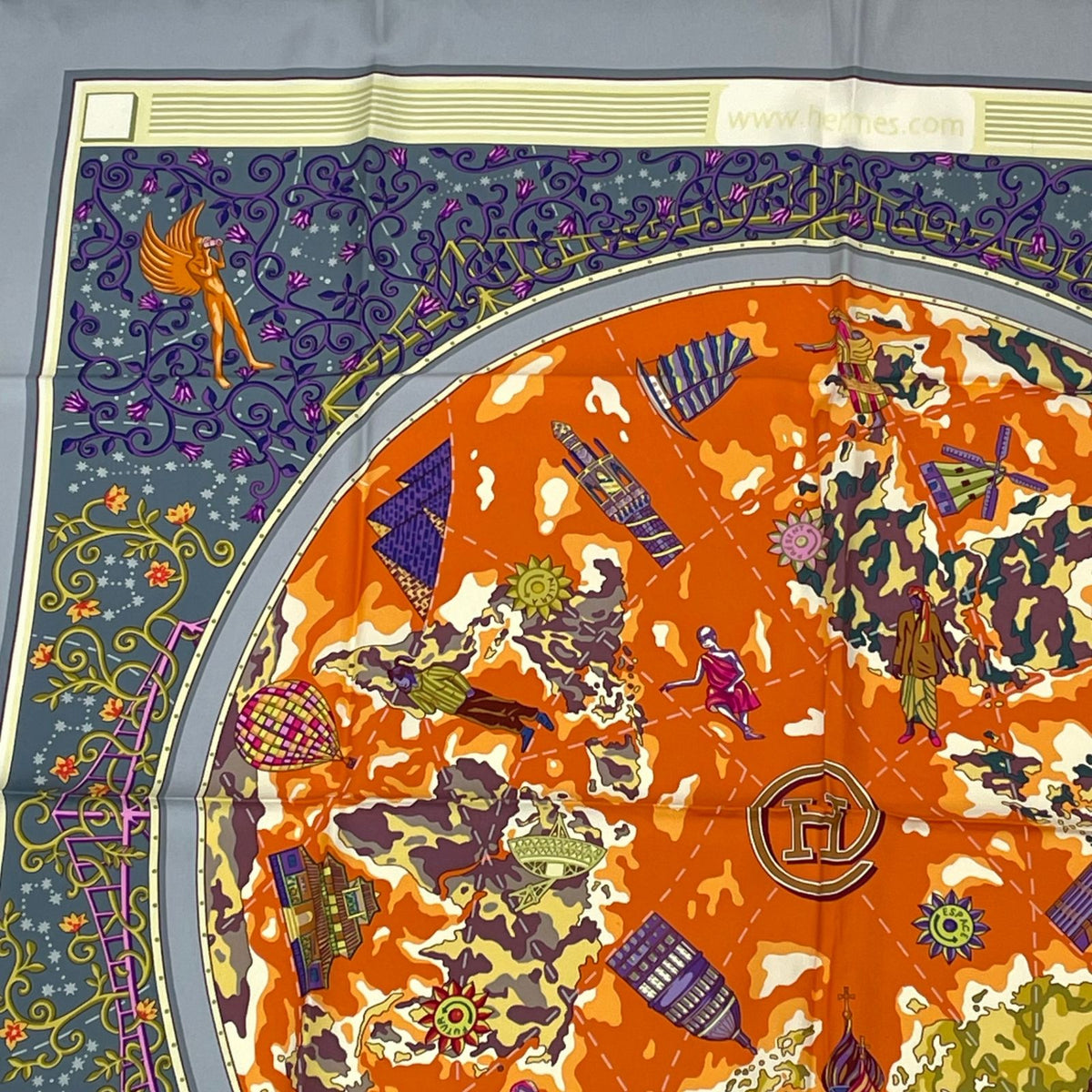 Hermes Carre 90 World Map Scarf Silk Gray Orange Multicolor — view 2
