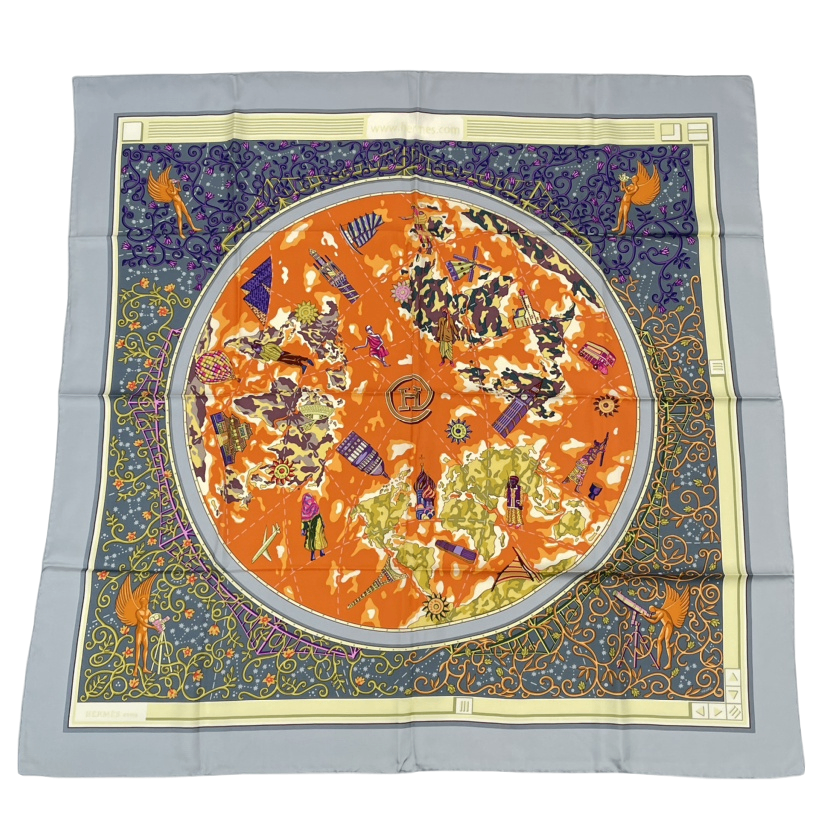 Hermes Carre 90 World Map Scarf Silk Gray Orange Multicolor