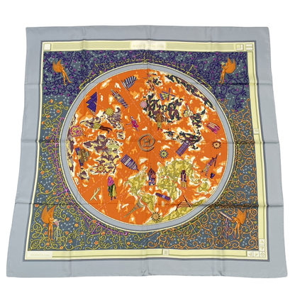 Hermes Carre 90 World Map Scarf Silk Gray Orange Multicolor