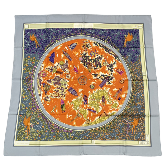 Hermes Carre 90 World Map Scarf Silk Gray Orange Multicolor