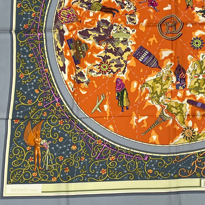 Hermes Carre 90 World Map Scarf Silk Gray Orange Multicolor — view 4