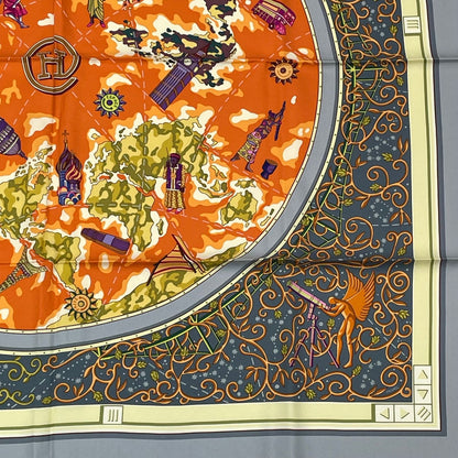 Hermes Carre 90 World Map Scarf Silk Gray Orange Multicolor — view 5
