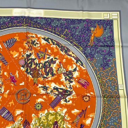 Hermes Carre 90 World Map Scarf Silk Gray Orange Multicolor — view 3