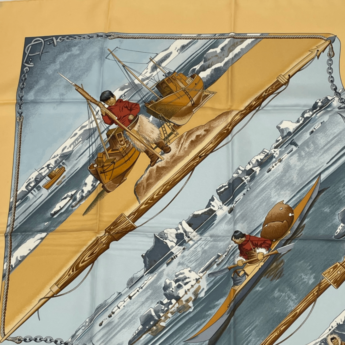 Hermes Carre 90 Gronland Green Land Eskimo Dog Sled Silk Scarf Yellow — view 2