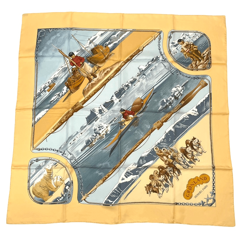 Hermes Carre 90 Gronland Green Land Eskimo Dog Sled Silk Scarf Yellow