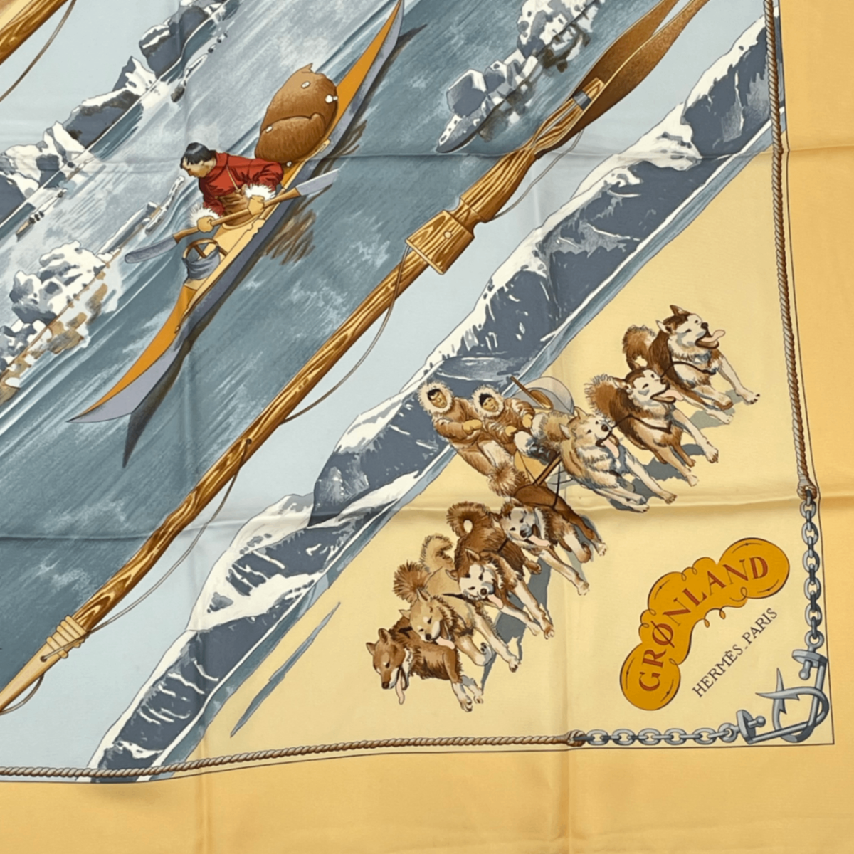 Hermes Carre 90 Gronland Green Land Eskimo Dog Sled Silk Scarf Yellow — view 5
