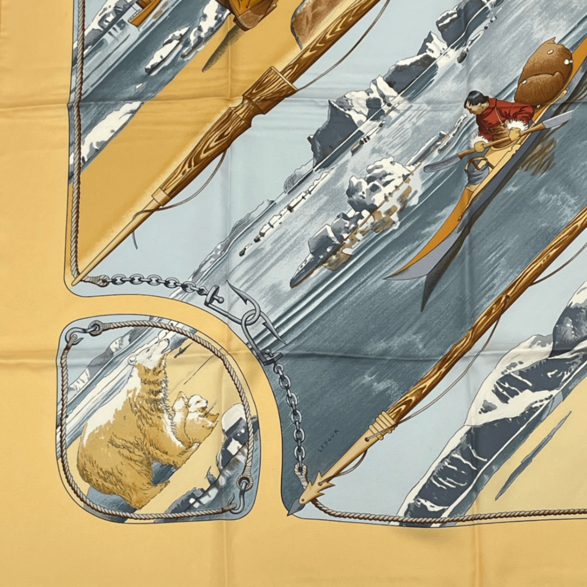 Hermes Carre 90 Gronland Green Land Eskimo Dog Sled Silk Scarf Yellow — view 4