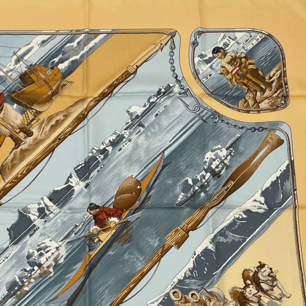 Hermes Carre 90 Gronland Green Land Eskimo Dog Sled Silk Scarf Yellow — view 3