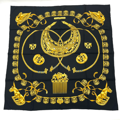 Hermes Carre 90 Les Cavaliers D'or Yellow Gold Knight Scarf Silk Black