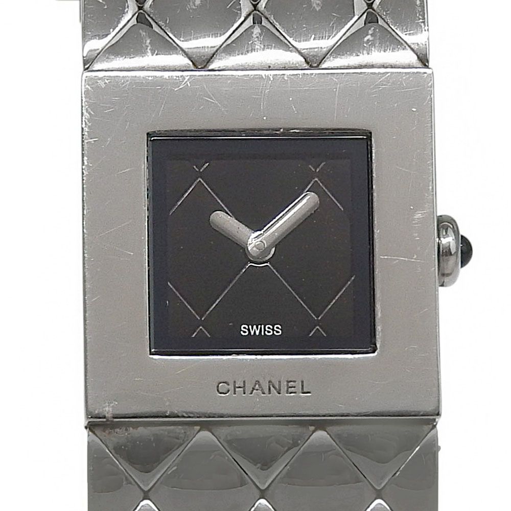 Chanel Quilted Stainless Steel Quartz Analog Watch With Black Dial