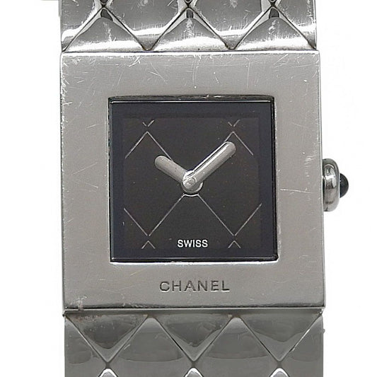 Chanel Quilted Stainless Steel Quartz Analog Watch With Black Dial