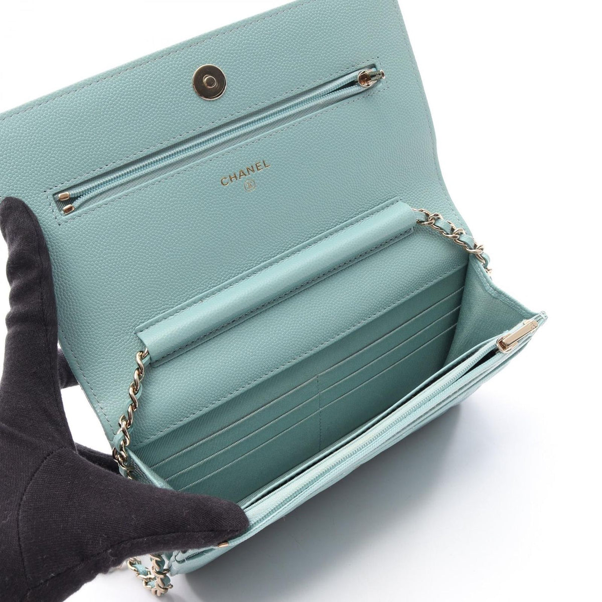 Chanel Shoulder Bag Quilted Light Blue Caviar Leather Chain Wallet — view 3
