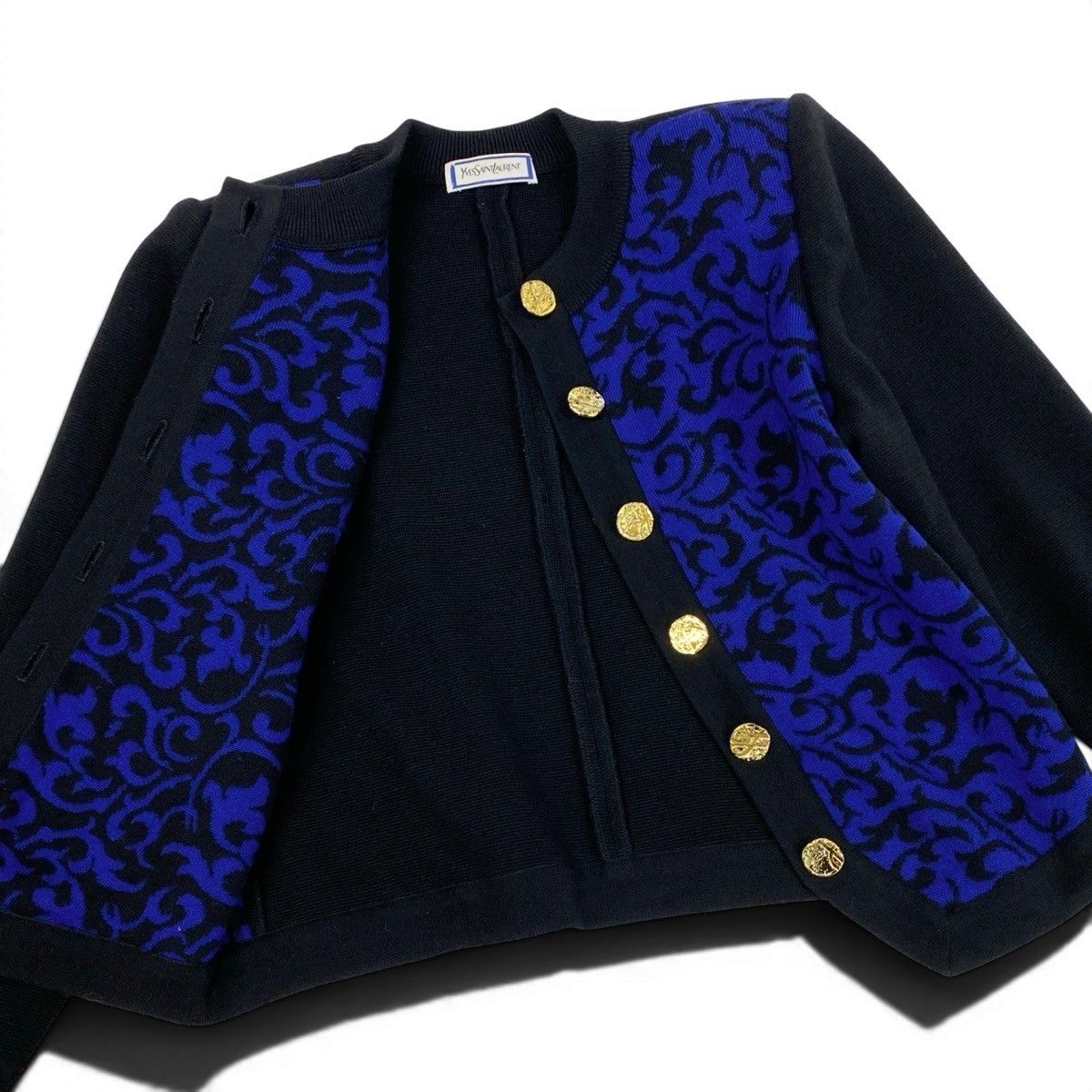 Saint Laurent Knit Jacket Cardigan Gold Button M Black Blue Wool — view 4