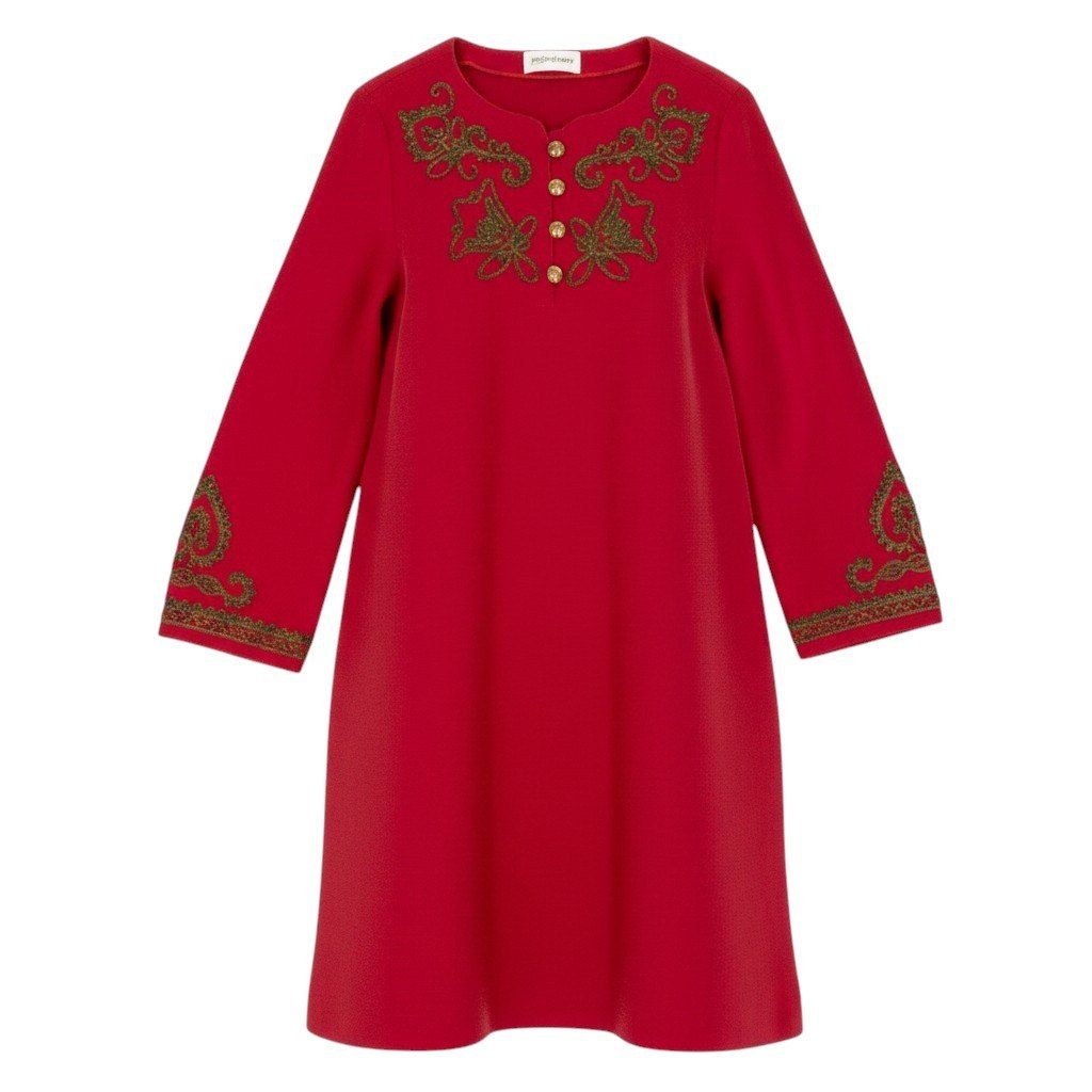 Saint Laurent Long Sleeve Knit Dress Gold Button Front Embroidery M Red Wool
