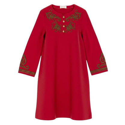 Saint Laurent Long Sleeve Knit Dress Gold Button Front Embroidery M Red Wool