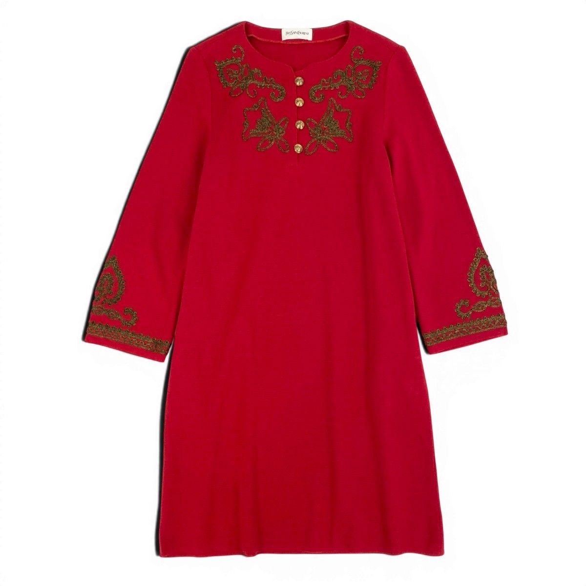 Saint Laurent Long Sleeve Knit Dress Gold Button Front Embroidery M Red Wool — view 2