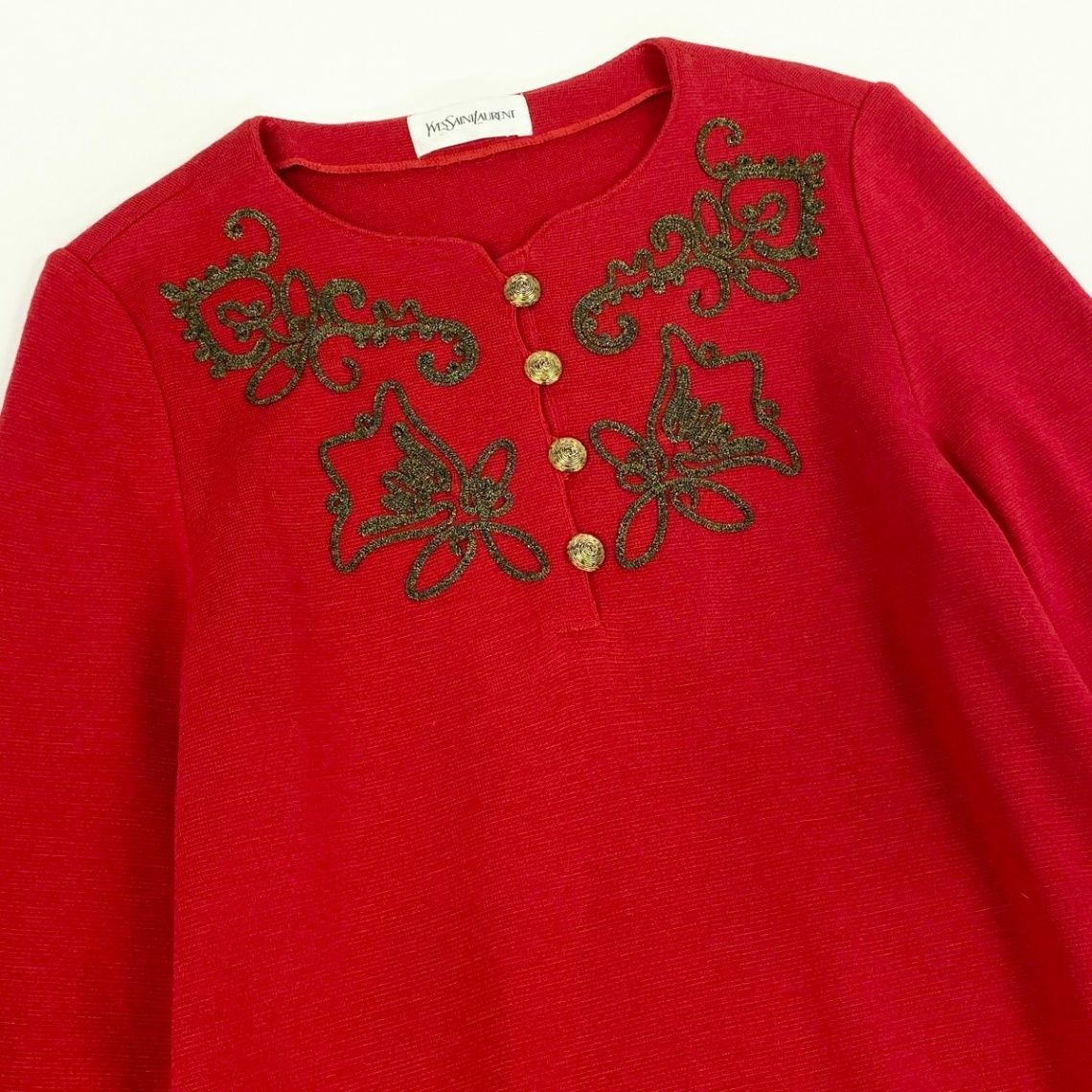 Saint Laurent Long Sleeve Knit Dress Gold Button Front Embroidery M Red Wool — view 4
