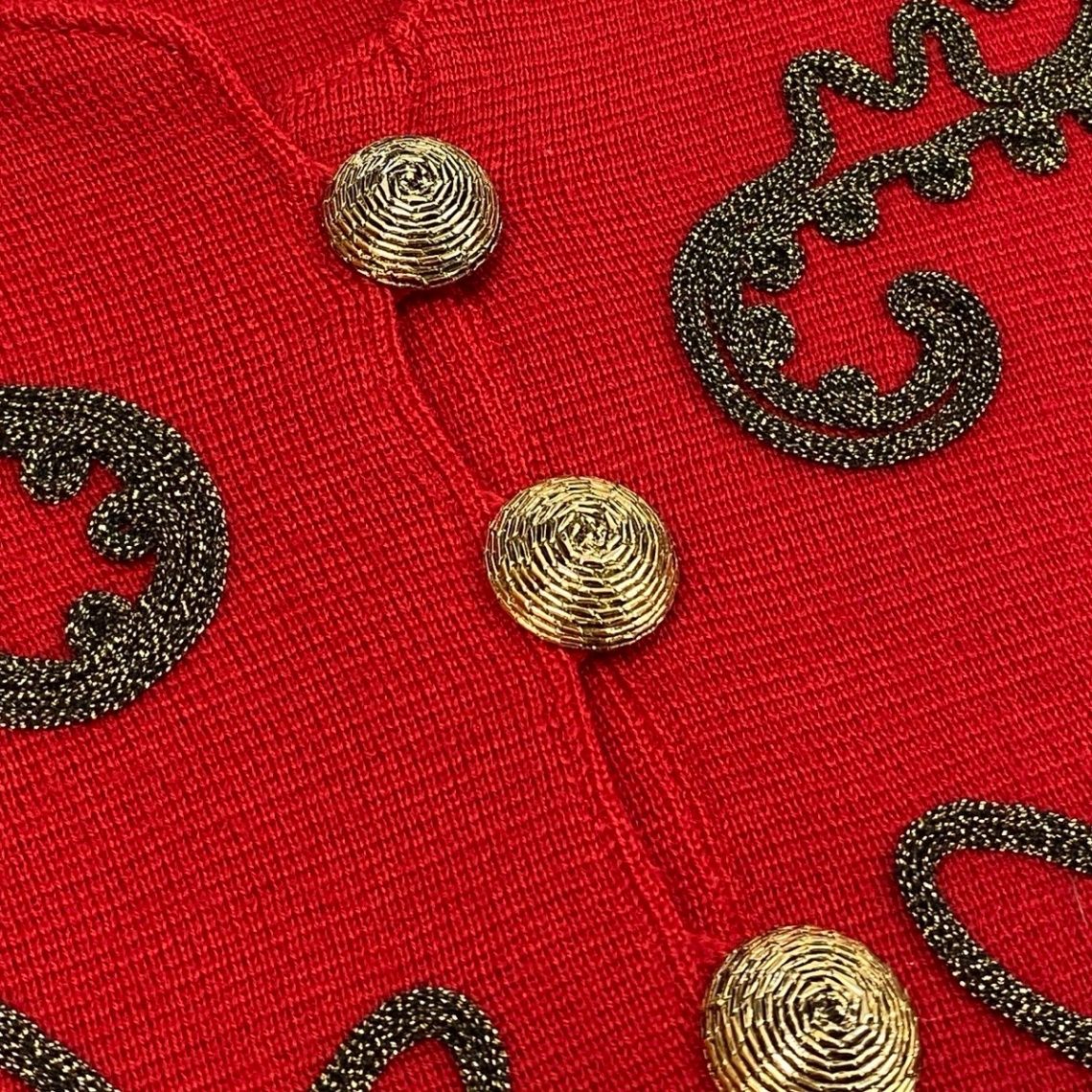 Saint Laurent Long Sleeve Knit Dress Gold Button Front Embroidery M Red Wool — view 7