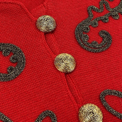 Saint Laurent Long Sleeve Knit Dress Gold Button Front Embroidery M Red Wool — view 7