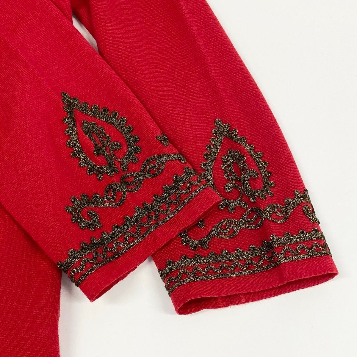 Saint Laurent Long Sleeve Knit Dress Gold Button Front Embroidery M Red Wool — view 6