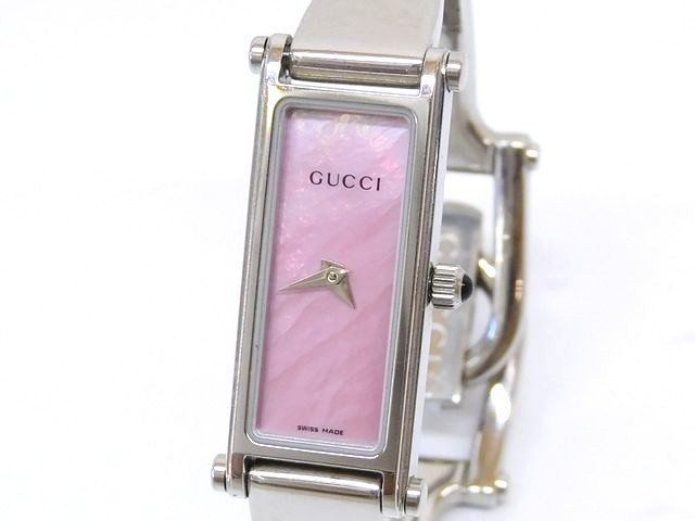 Gucci Watch Bangle Stainless Steel Square Dial Quartz Pink Shell