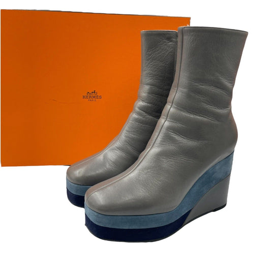 Hermes Short Boots Shoes Thick Leather Gray Blue