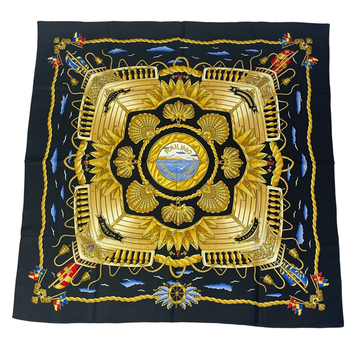 Hermes Carre 90 Railing Ship Handrail Scarf Silk Black