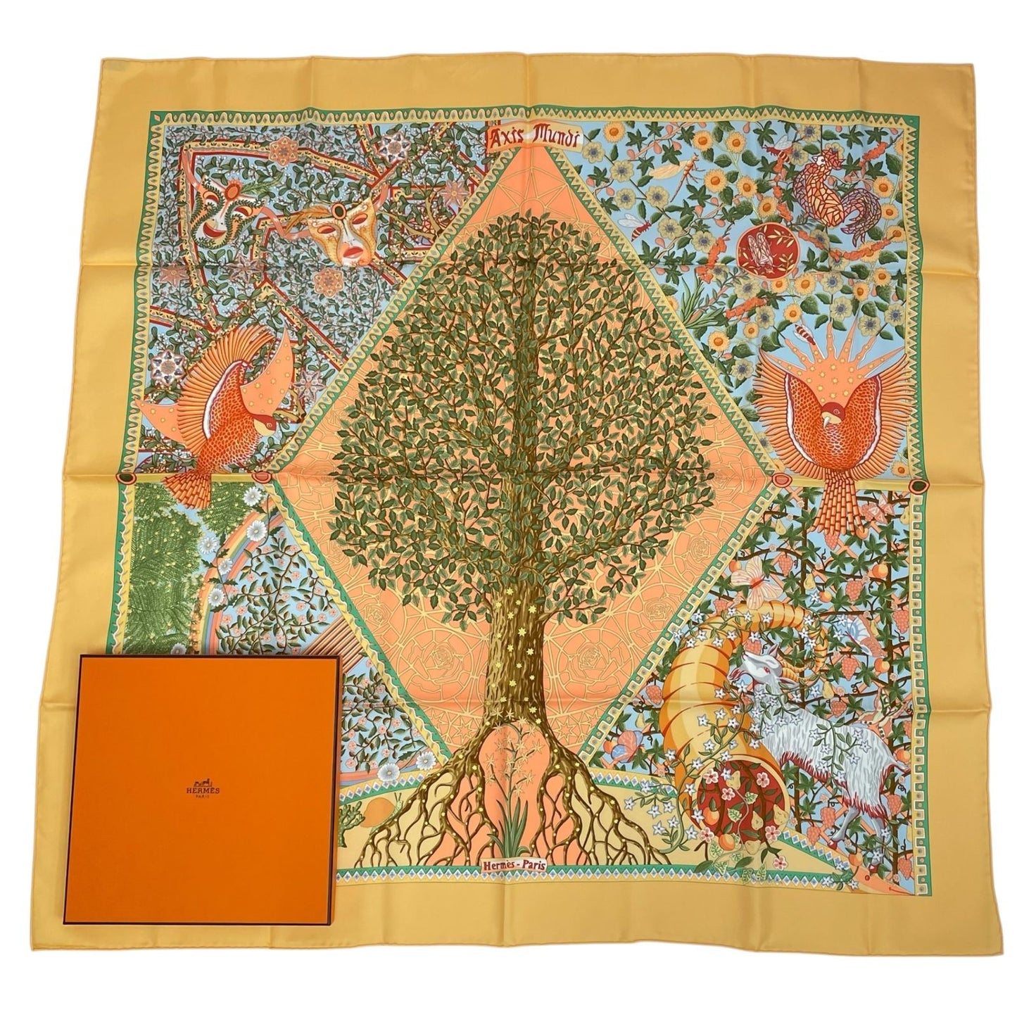 Hermes 100% Silk Scarf Carre 90 Axis Mundi Center Of The World Multicolor