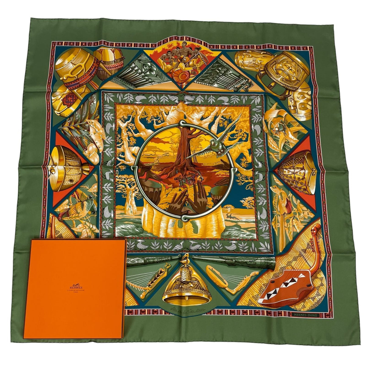 Hermes Scarf Carre 90 Au Son du Tam Silk Green