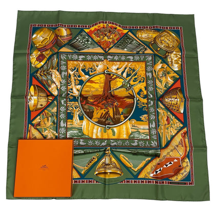 Hermes Scarf Carre 90 Au Son du Tam Silk Green